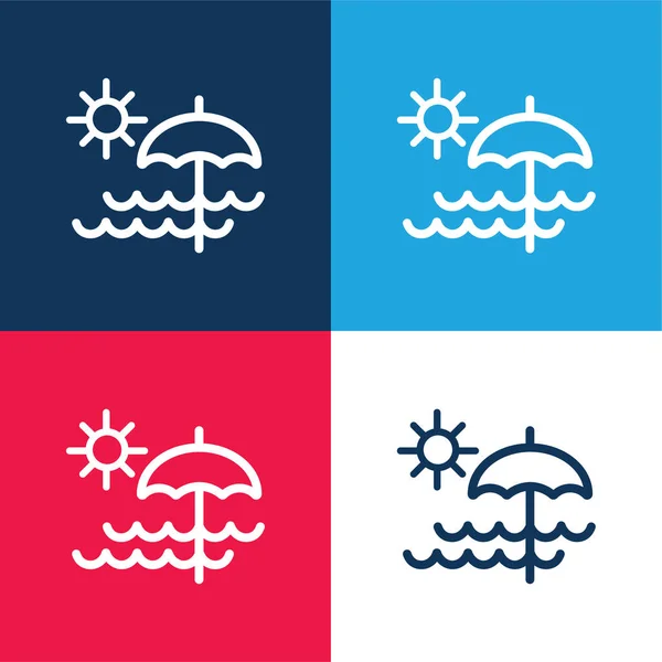 Beach Day Blue Red Four Color Minimal Icon Set — Stock Vector