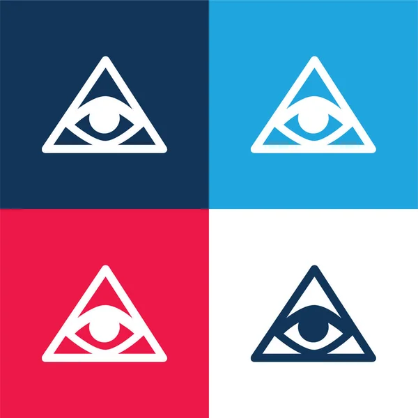 三角形またはピラミッドブルーと赤の4色の最小アイコンセット内の目の法案のシンボル — ストックベクタ