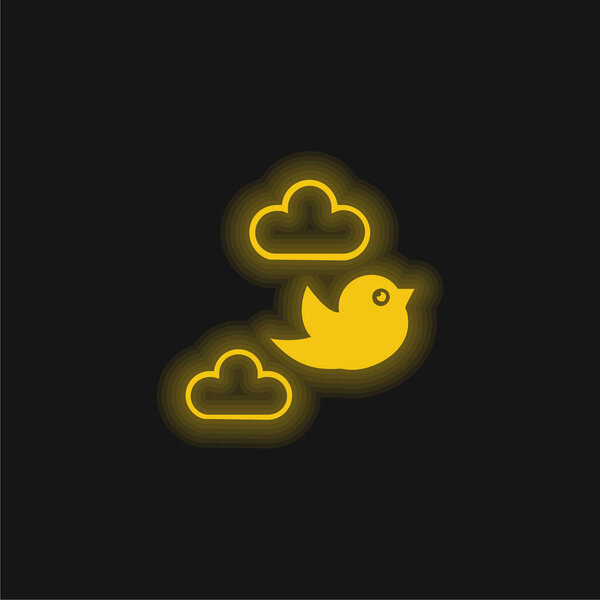 Bird Flying Between Clouds yellow glowing neon icon