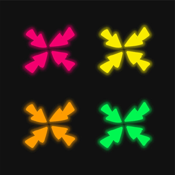 Arrows To The Center four color glowing neon vector icon