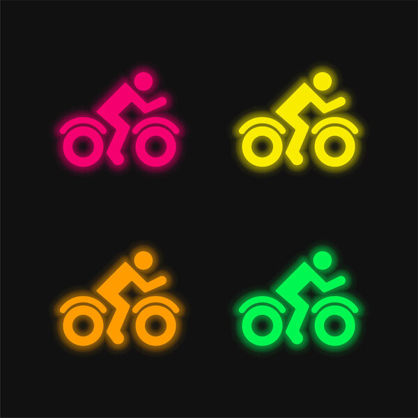 Bike Rider Side View four color glowing neon vector icon