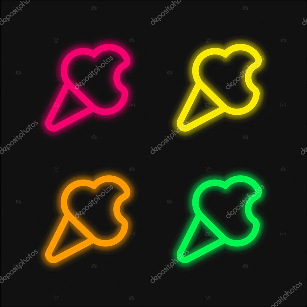 Bitten Ice Cream Cone Outline four color glowing neon vector icon