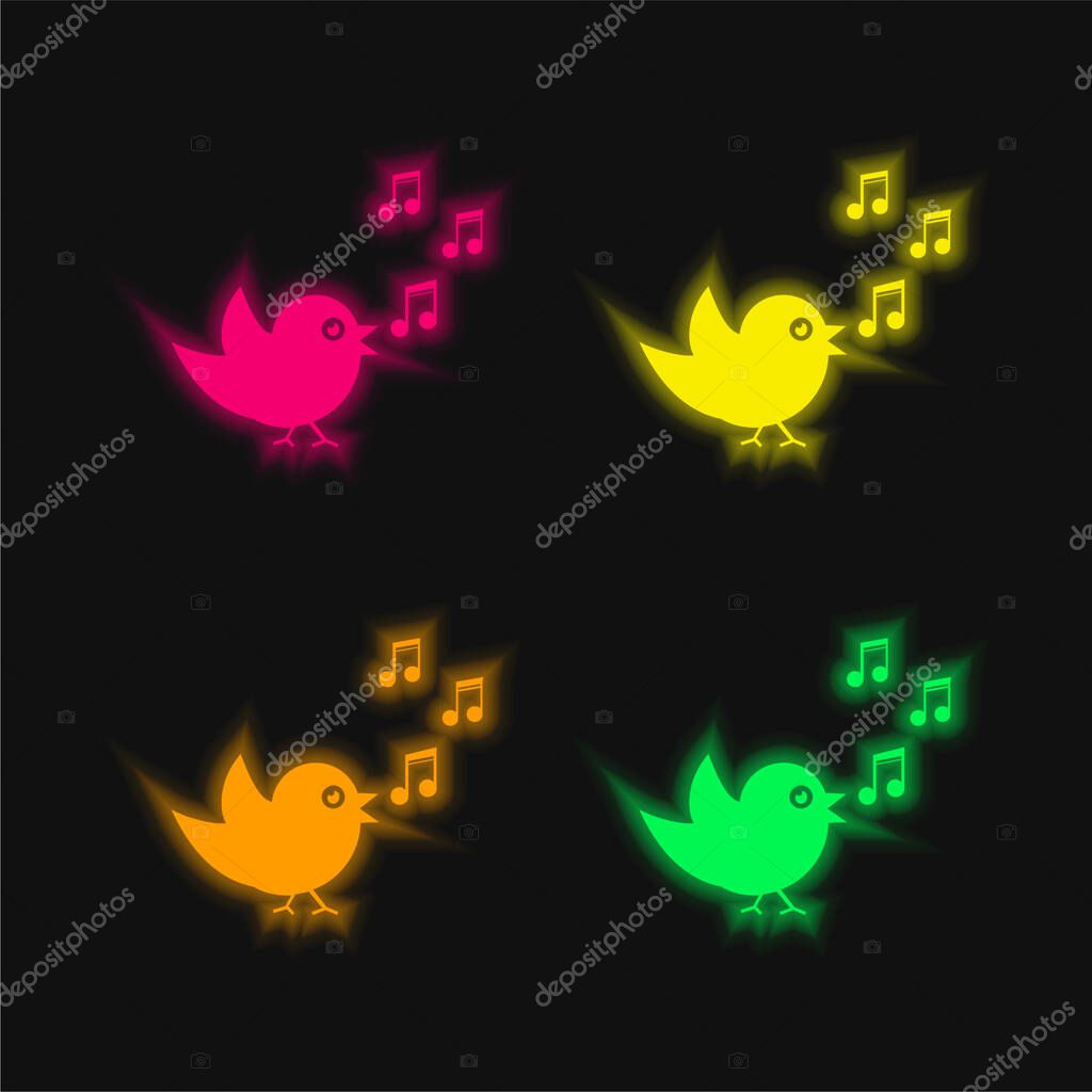 Bird Singing With Musical Notes four color glowing neon vector icon