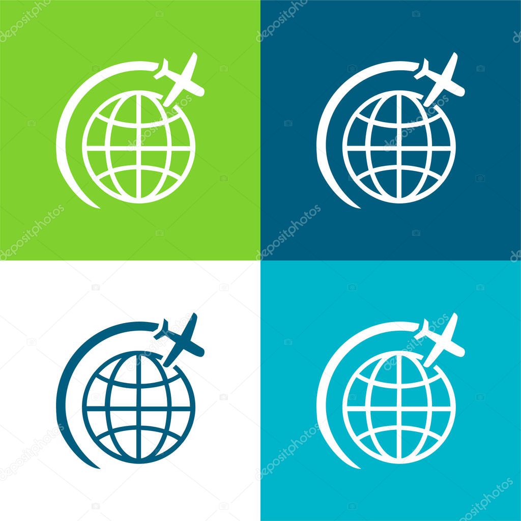 Airplane Flight In Circle Around Earth Flat four color minimal icon set