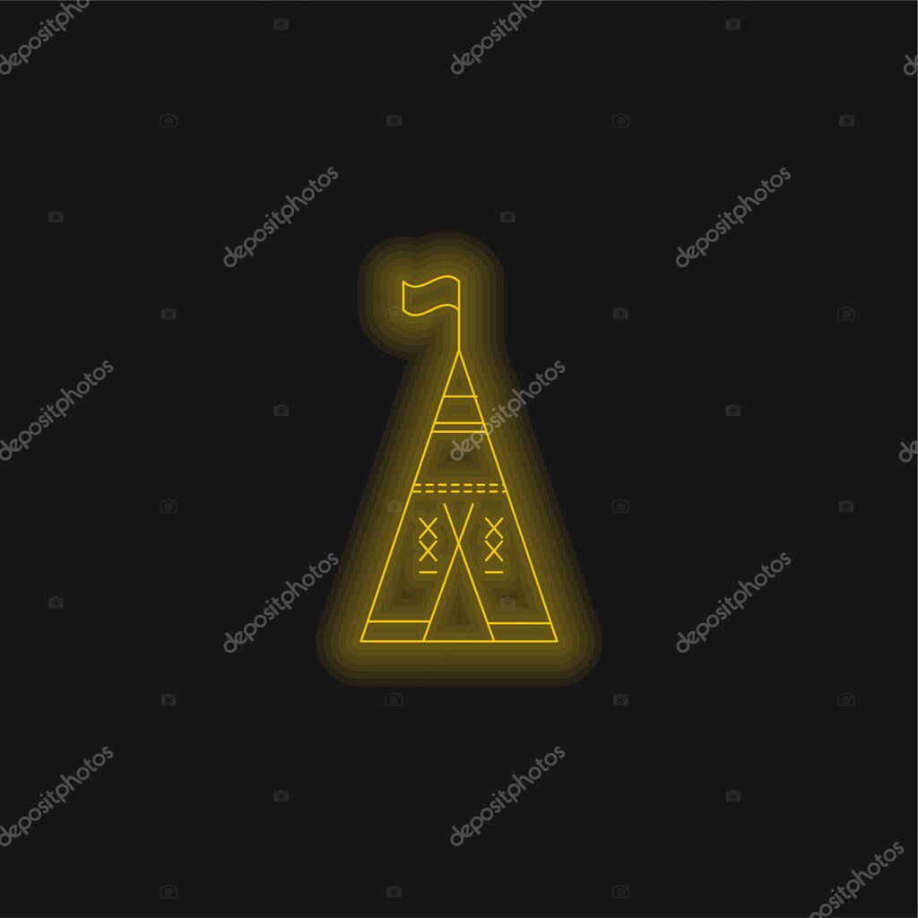 African Tribal Tent With Flag yellow glowing neon icon