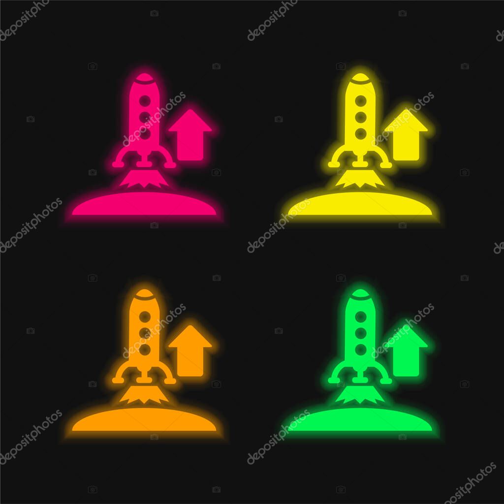Ascending Rocket four color glowing neon vector icon