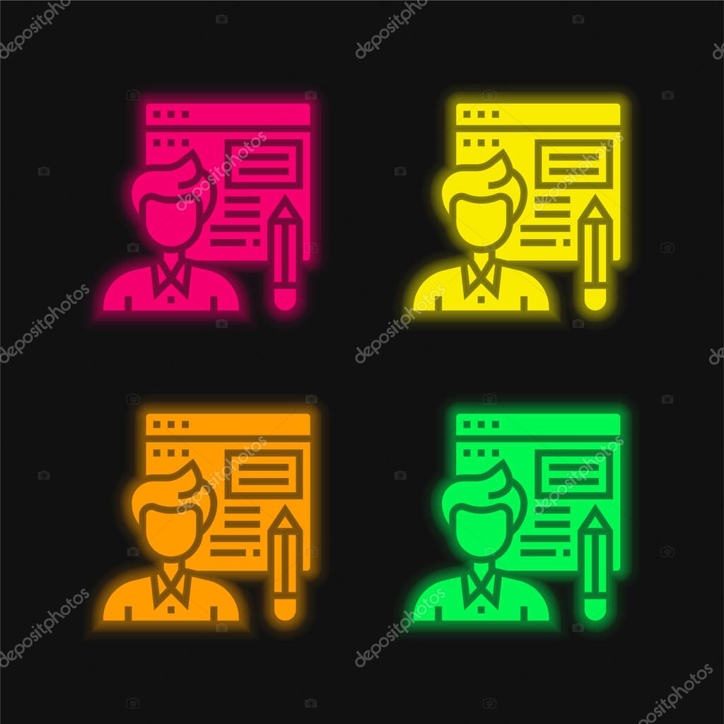 Blogger four color glowing neon vector icon