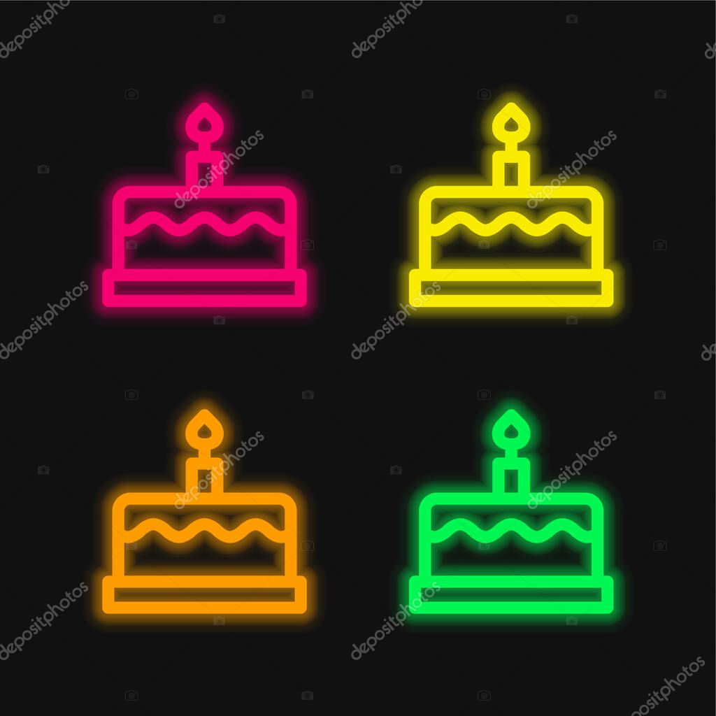 Birthday Cake four color glowing neon vector icon