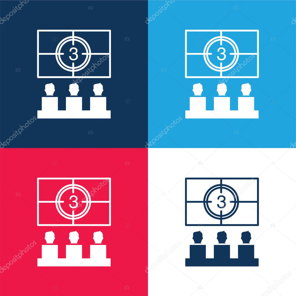 Audience Watching On Cinema Theater blue and red four color minimal icon set
