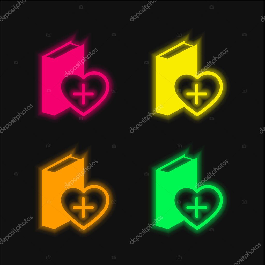 A Heart Beside The Book four color glowing neon vector icon