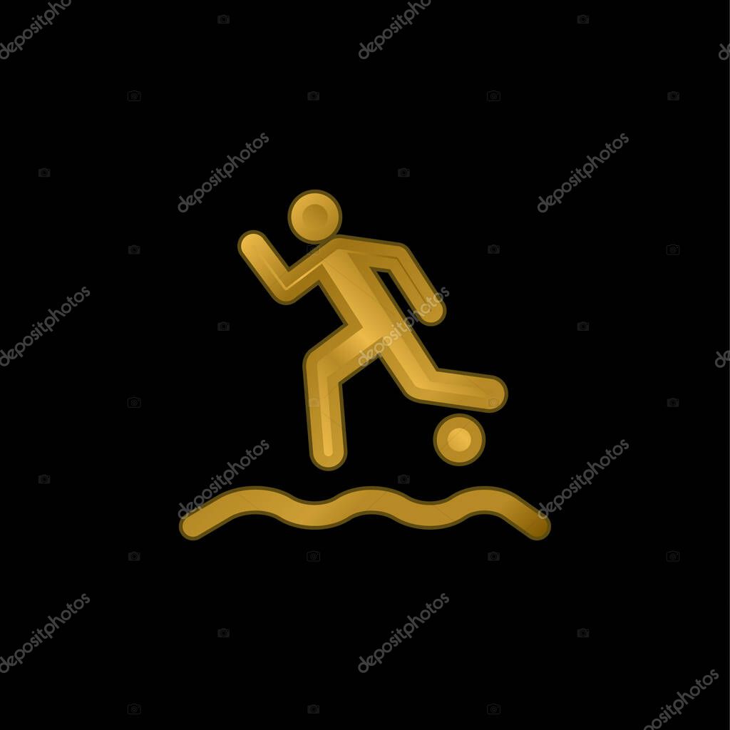 Beach Soccer Player Running With The Ball On The Sand gold plated metalic icon or logo vector