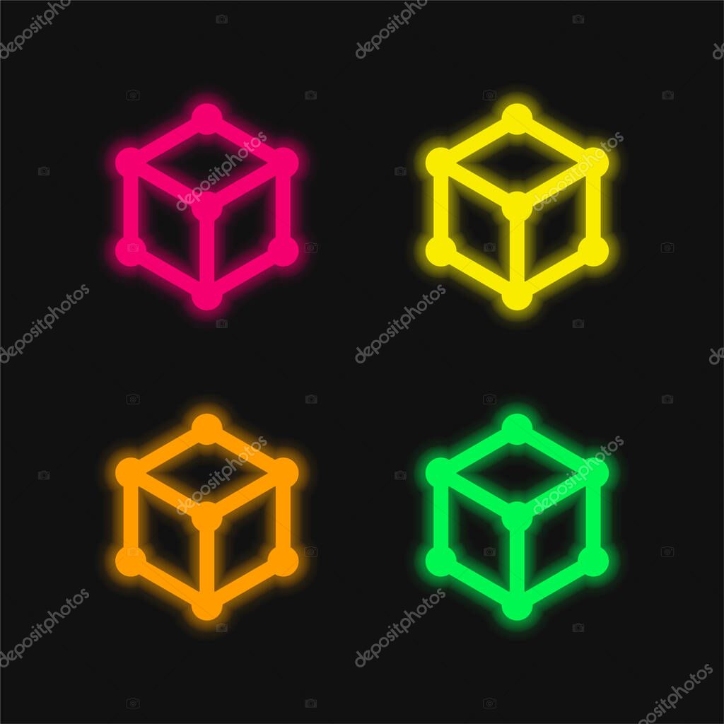 3D Cube four color glowing neon vector icon