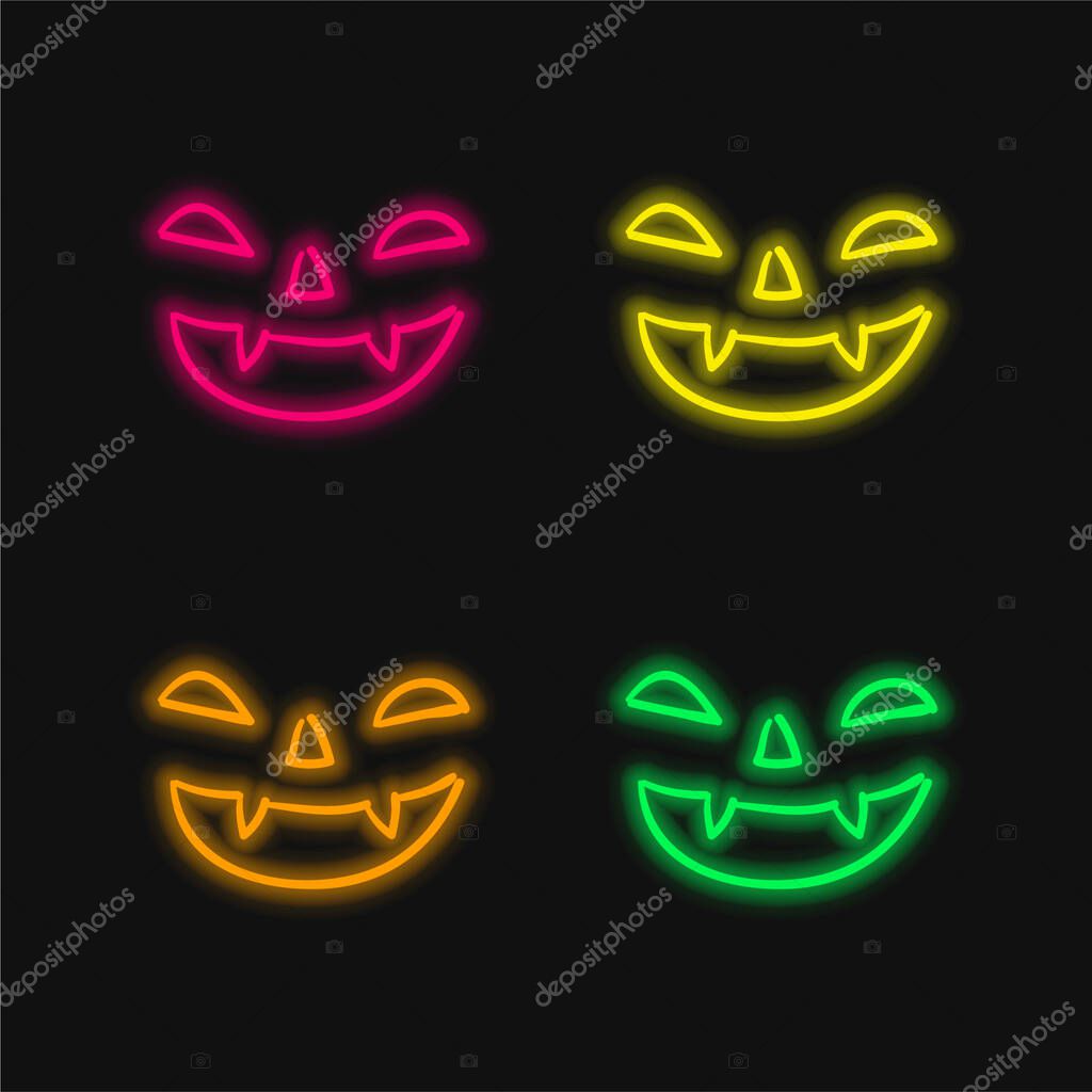 Bad Halloween Face Of Mouth Nose And Eyes Outlines four color glowing neon vector icon