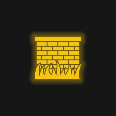 Çimenli Tuğla Duvarı Sarı Parlak Neon Simgesi Yaprakları