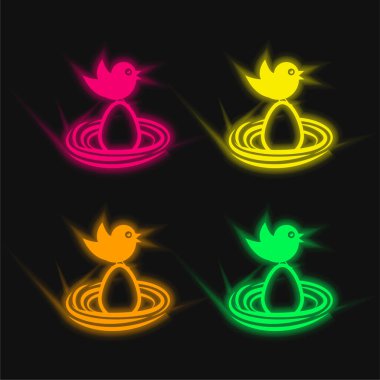 Bir Yumurtadaki Kuş Yuvadaki Dört Renkli Parlak Neon vektör simgesi