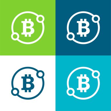 İki Noktalı Bir Çemberde Bitcoin İşareti Sembol Düz Düz Düz Dört Renk Simgesi Seti