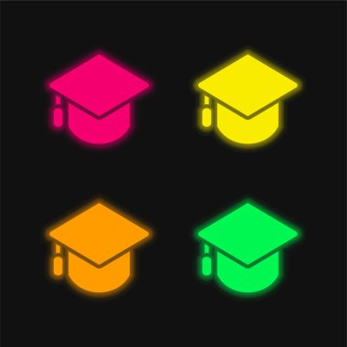 Büyük Mortarboard dört renk parlayan neon vektör simgesi