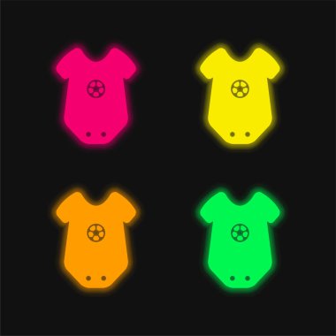 Baby Onesie Clothing With Star Design four color glowing neon vector icon clipart