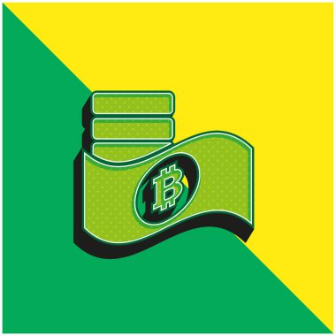 Kağıt ve Paraların Üzerinde Bitcoin Sembolü Yeşil ve Sarı Modern 3D vektör logosu