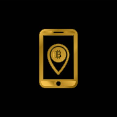 Ekran altın kaplamalı metalik simge veya logo vektörü üzerinde Bir Yer Tutucu Sembolü olan Bitcoin Cep Telefonu