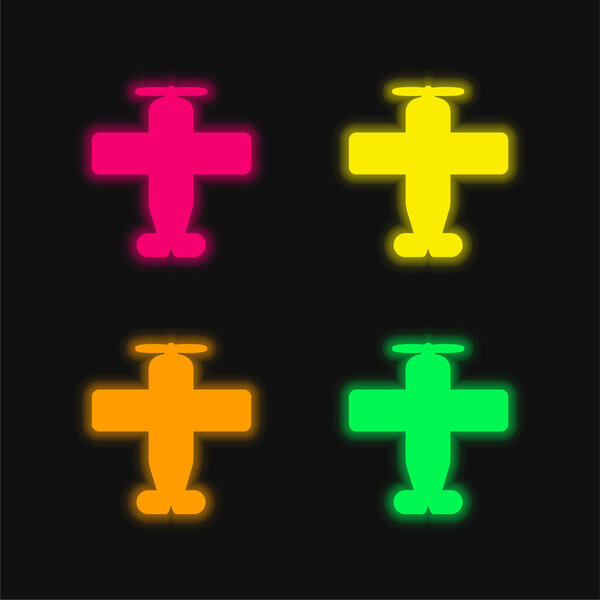 Airplane With One Helix four color glowing neon vector icon