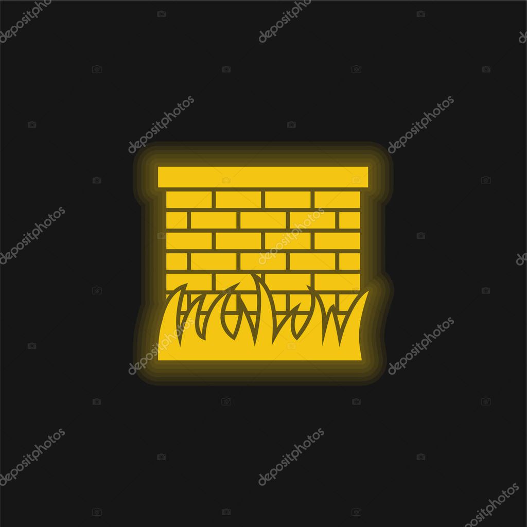 Bricks Wall With Grass Leaves Border yellow glowing neon icon