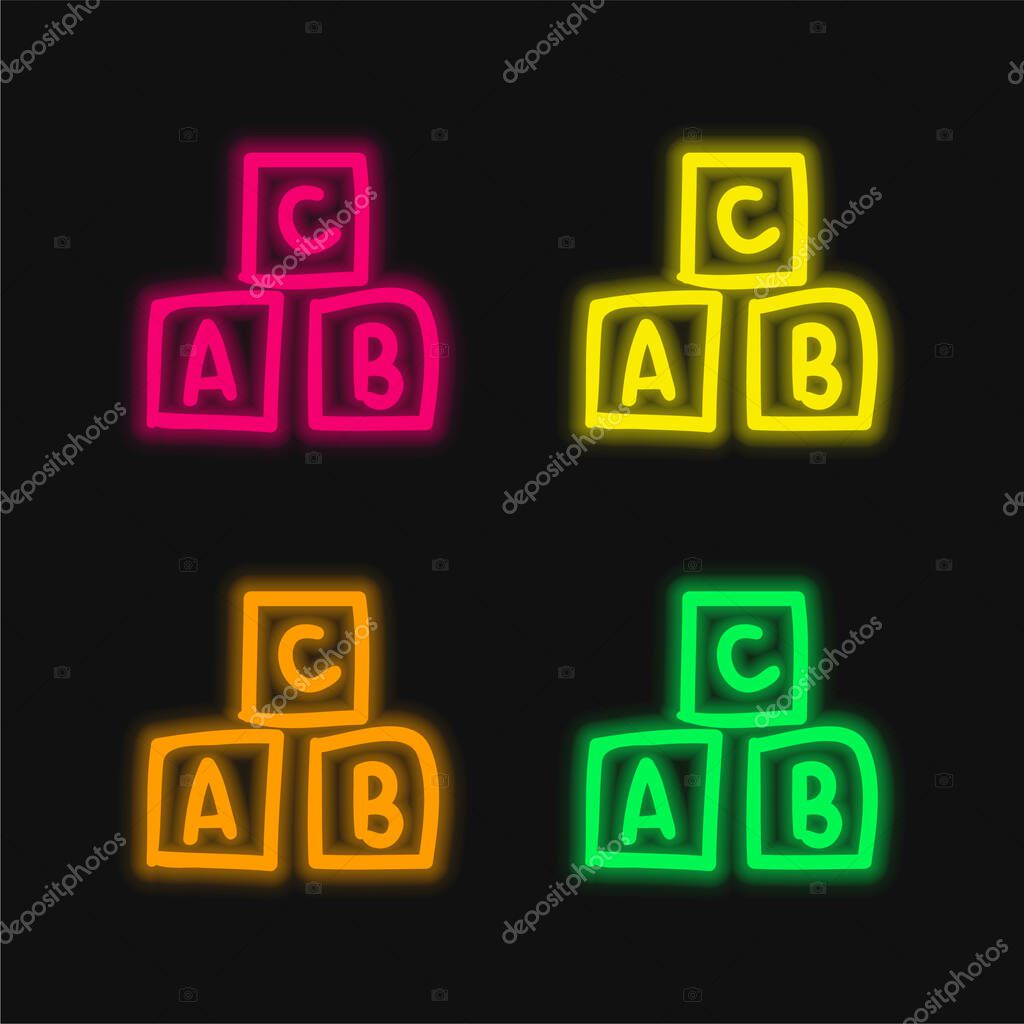 Alphabet Cubes Educational Toy four color glowing neon vector icon