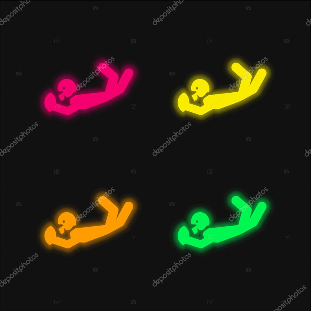 American Football Player Catching The Ball four color glowing neon vector icon