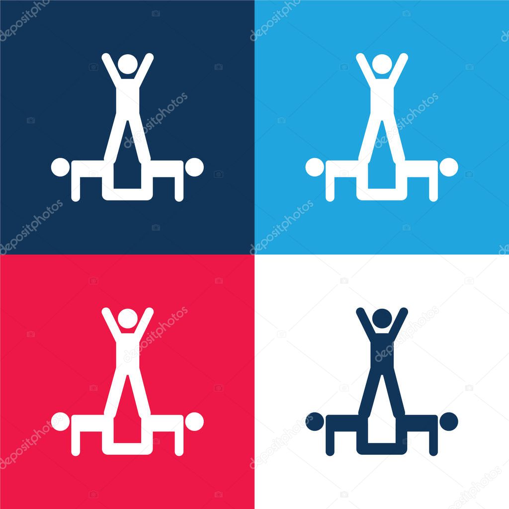 Acrobatics Acrobats Group Silhouette blue and red four color minimal icon set