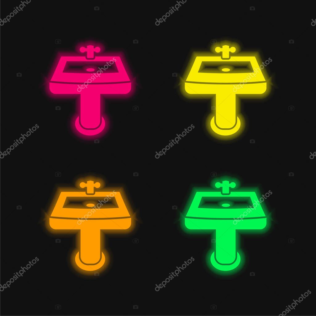 Bathroom Sink four color glowing neon vector icon