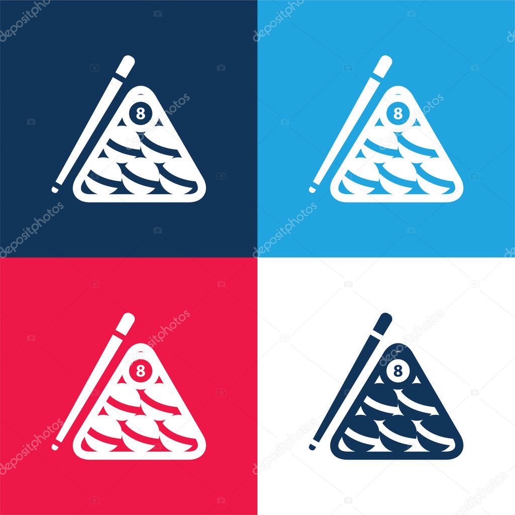 Billiard Balls Set Inside The Triangle And The Stick At One Side blue and red four color minimal icon set