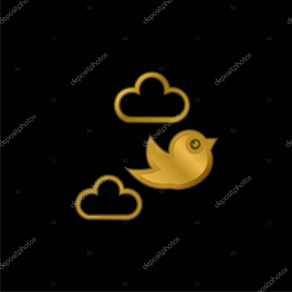 Bird Flying Between Clouds gold plated metalic icon or logo vector