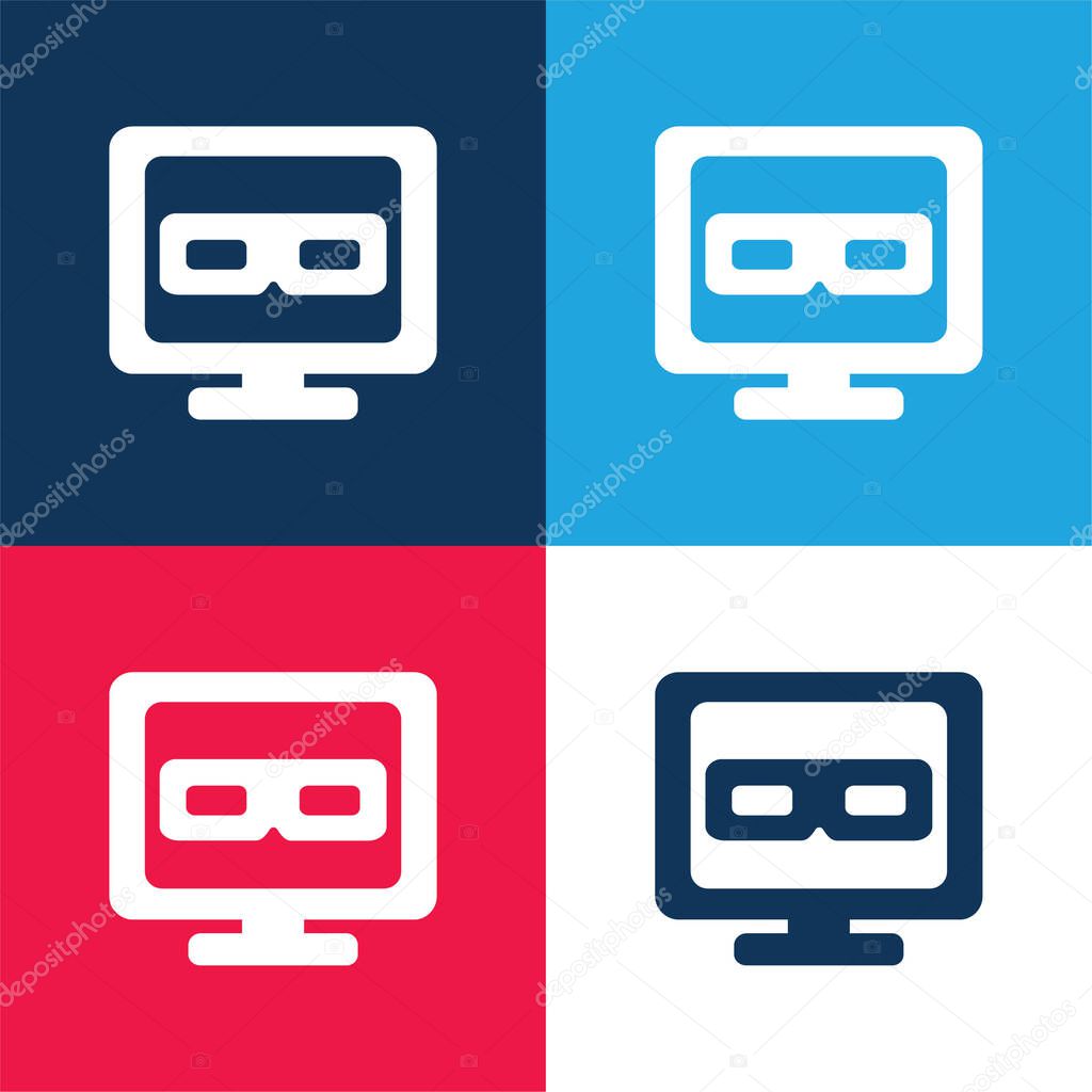 3D Television blue and red four color minimal icon set