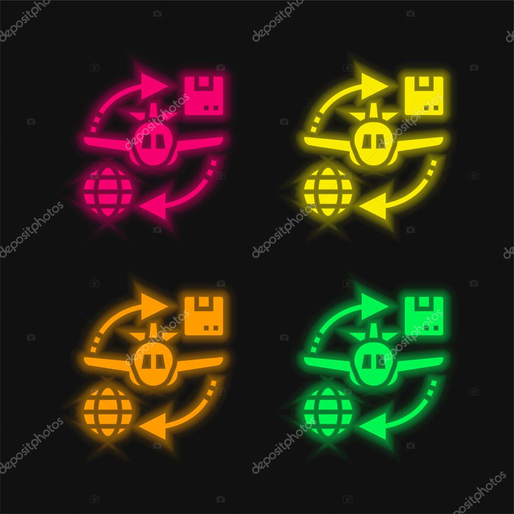 Air Plane four color glowing neon vector icon