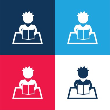 Çocuk mavi ve kırmızı dört renk minimum simge kümesi okuyor