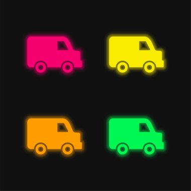 Black Delivery Small Truck Side View four color glowing neon vector icon clipart