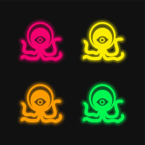 Alien Creature four color glowing neon vector icon