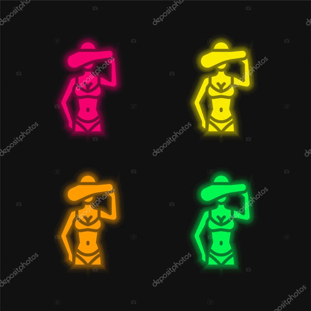 Bikini four color glowing neon vector icon