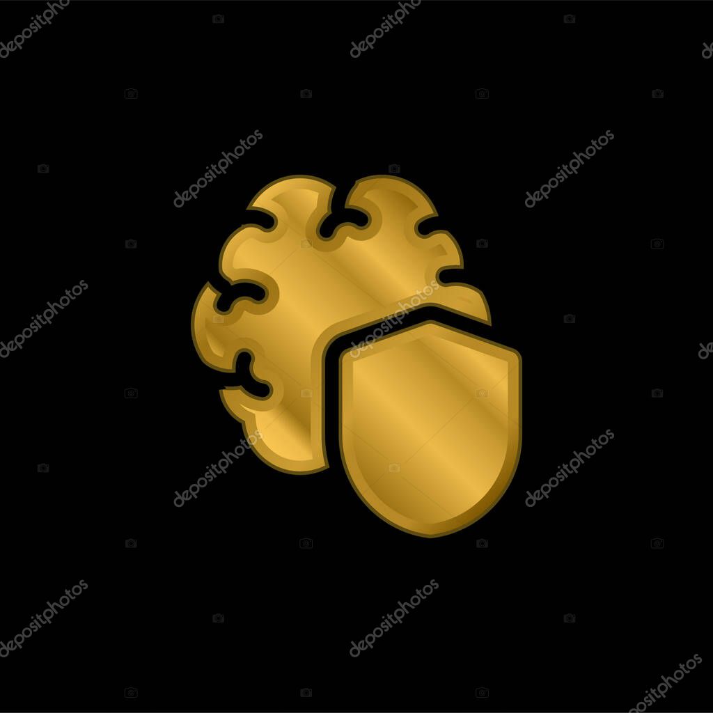 Brain gold plated metalic icon or logo vector