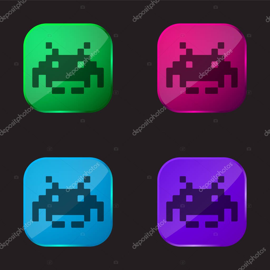 Alien Pixelated Shape Of A Digital Game four color glass button icon