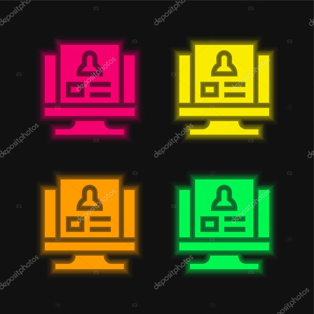 Background Check four color glowing neon vector icon