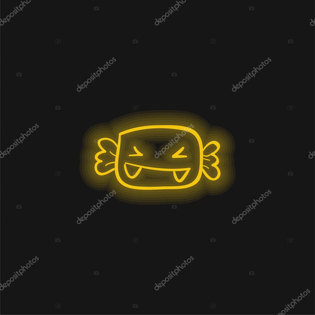 Alive Halloween Candy With Fangs yellow glowing neon icon
