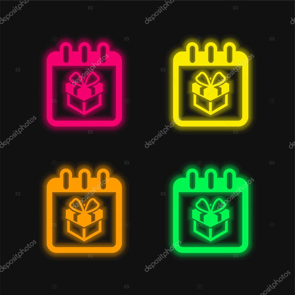 Birthday Giftbox On Reminder Calendar Page four color glowing neon vector icon