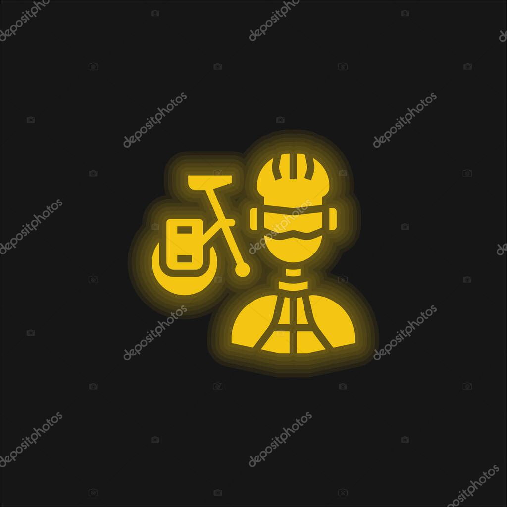 Biker yellow glowing neon icon