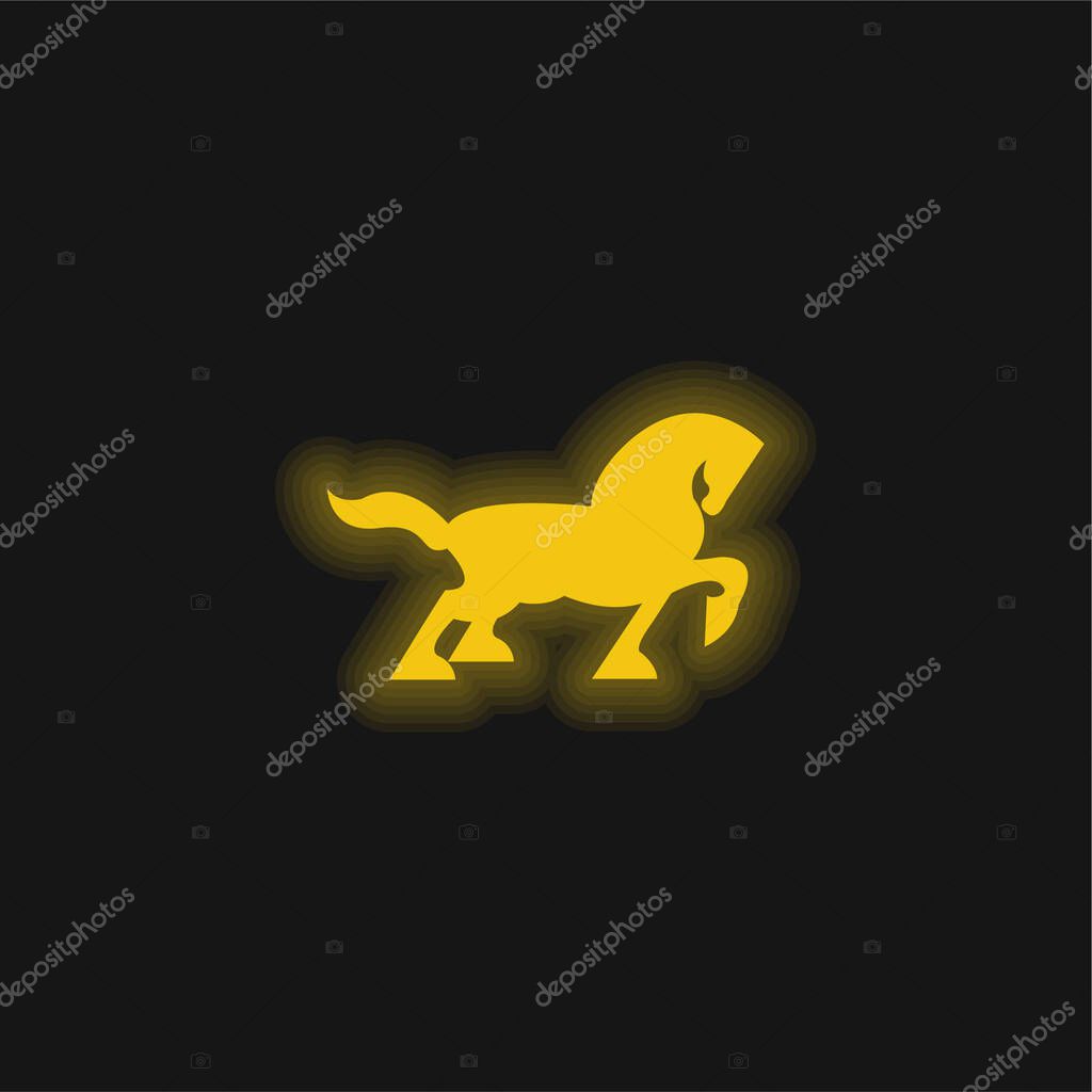 Big Black Horse Walking Side Silhouette With Tail And One Foot Up yellow glowing neon icon