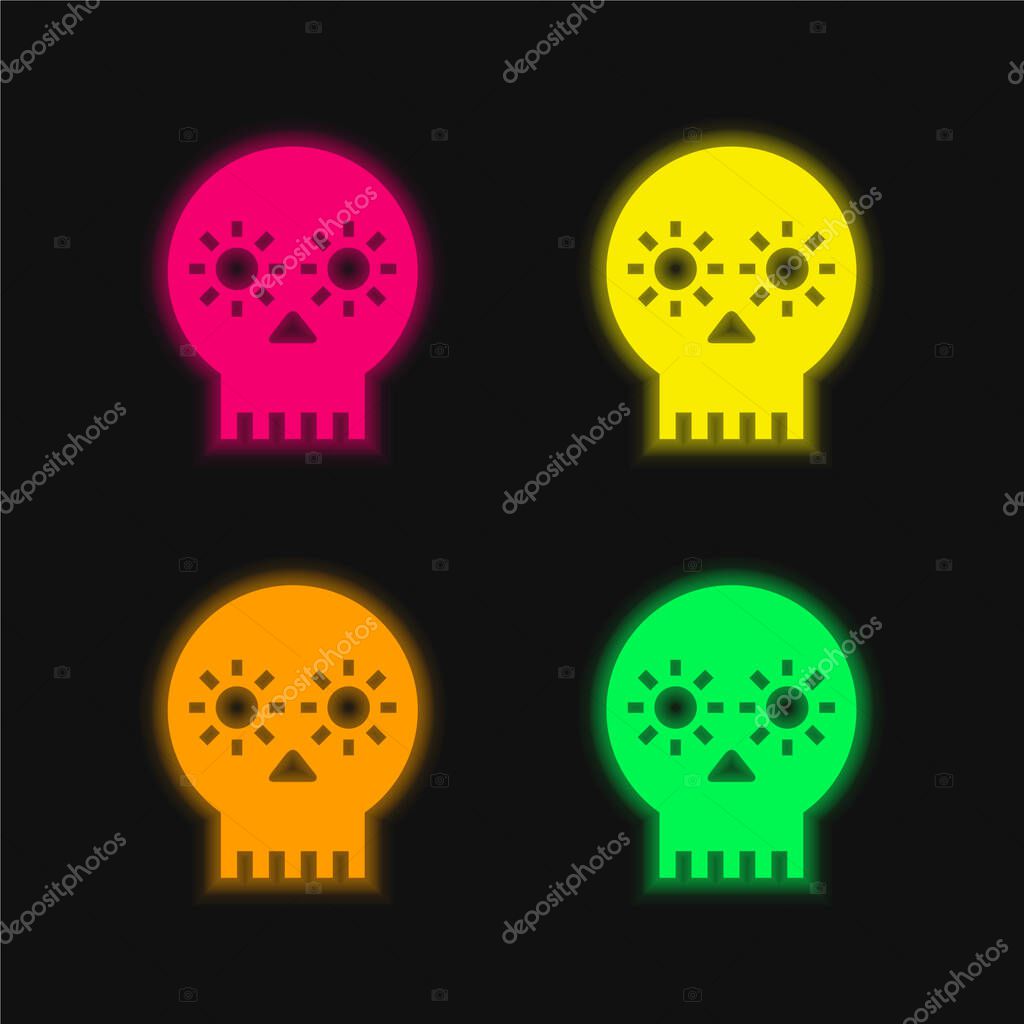 Artisanal Skull Of Mexico four color glowing neon vector icon
