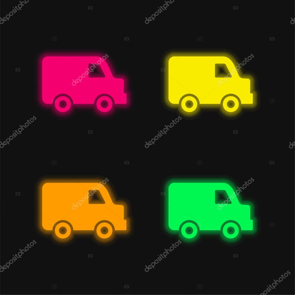 Black Delivery Small Truck Side View four color glowing neon vector icon