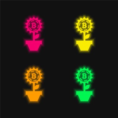 Bitcoin Çiçeği Bir Saksıda Dört Renkli Parlayan neon vektör simgesi
