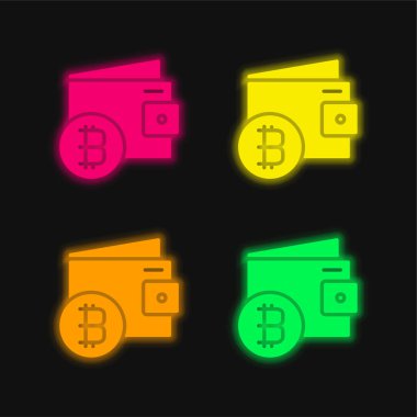 Bitcoin Cüzdanı 4 renkli parlak neon vektör simgesi