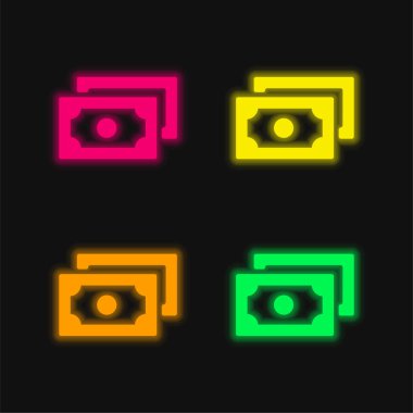 Banknotlar dört renk parlayan neon vektör simgesi